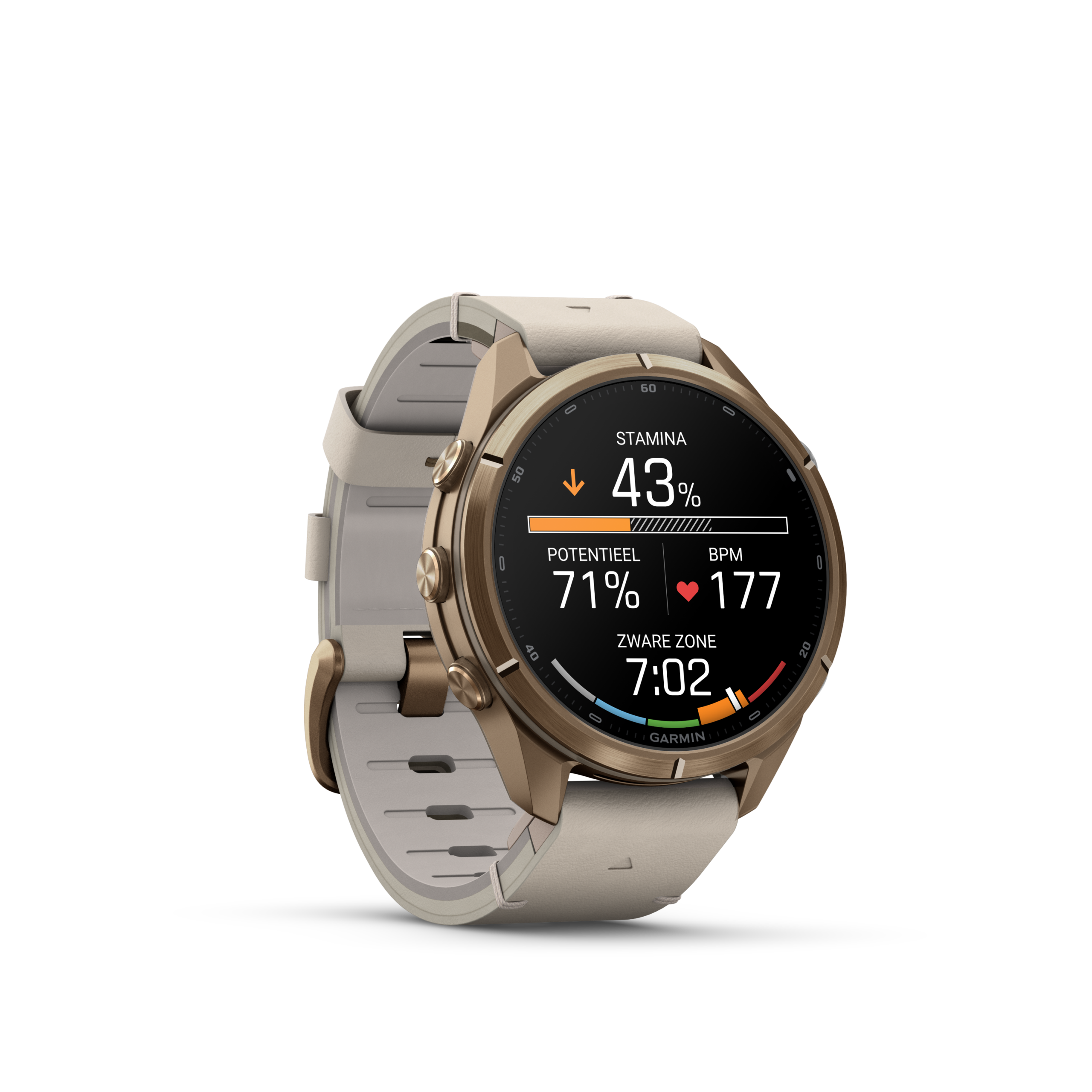 Fenix9Pro_43mm_LTE_Flaxen-Leather_Front-Right_stamina_run_in_activity_nl-NL